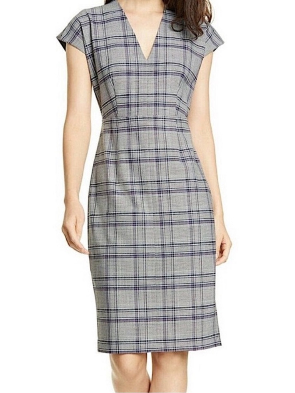 Lewit Lydia Ivory Navy Wool Blend Glen Plaid Pencil Dress